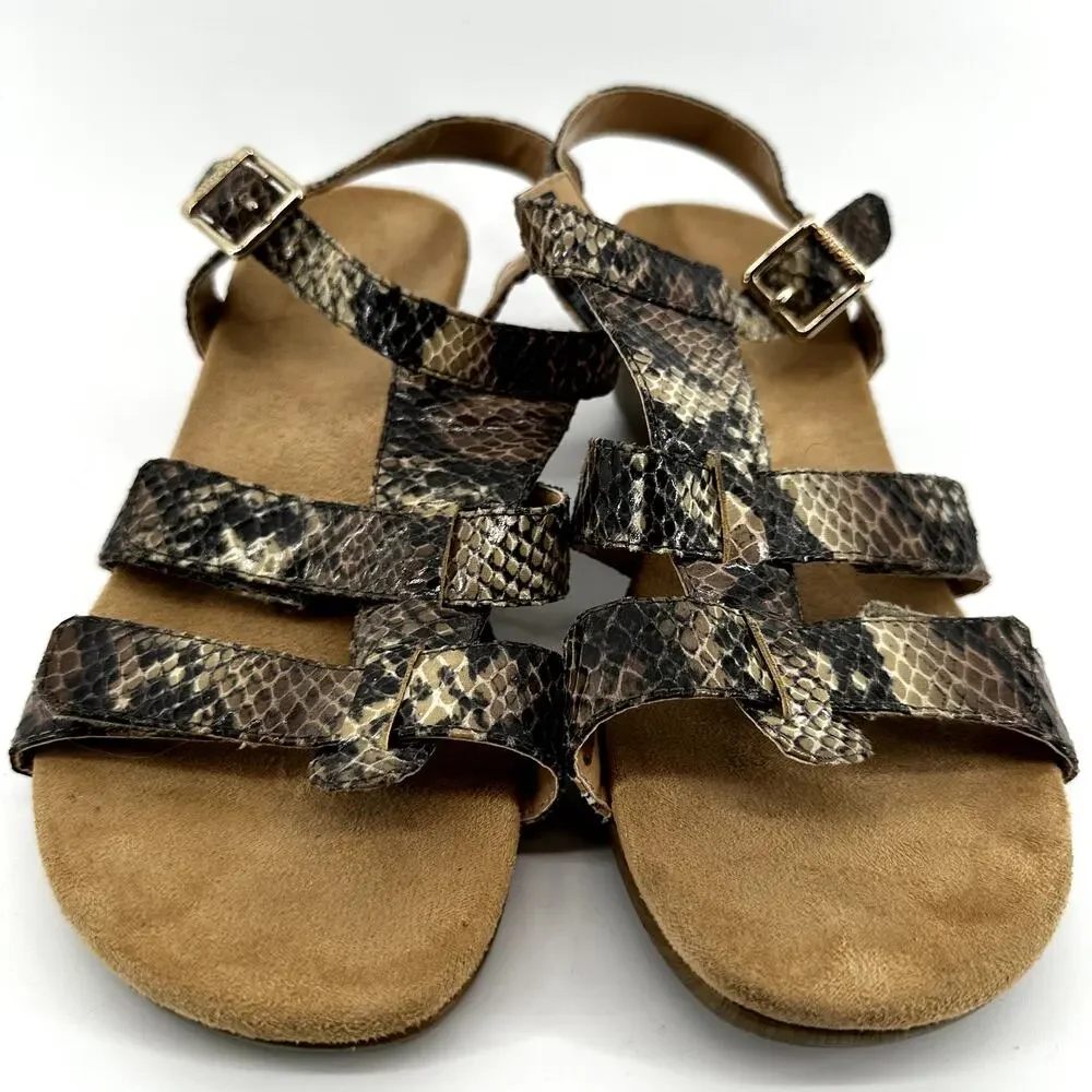 Vionic Glenda Orthaheel Sandals Snakeskin Strappy Wedge Leather Brown Black US 8